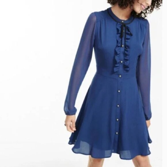 Express Button Front Dress Navy Blue Ruffle 2 - Picture 1 of 11
